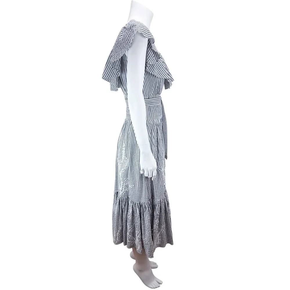 Tory Burch Women's Eyelet Striped Seersucker Midi Dress Blue White Size 2